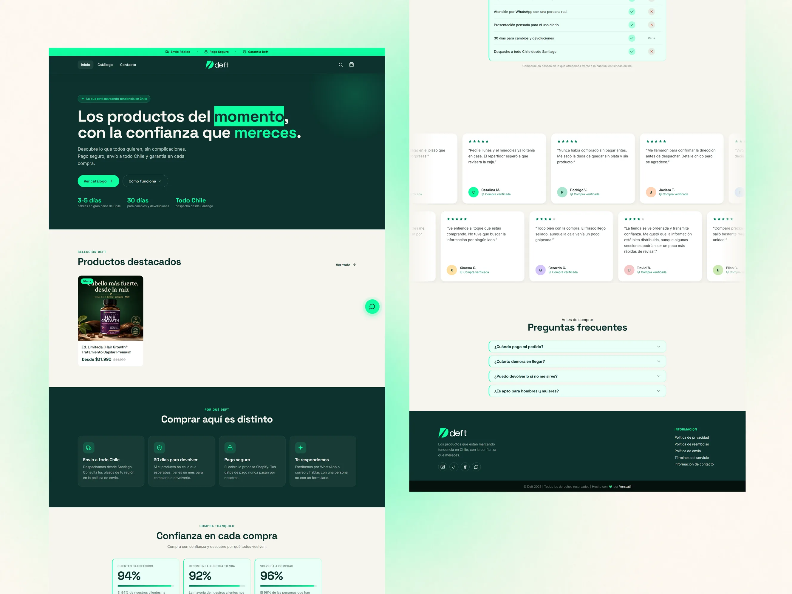 La portada y las preguntas frecuentes, en dos capturas largas sobre un fondo verde muy claro
