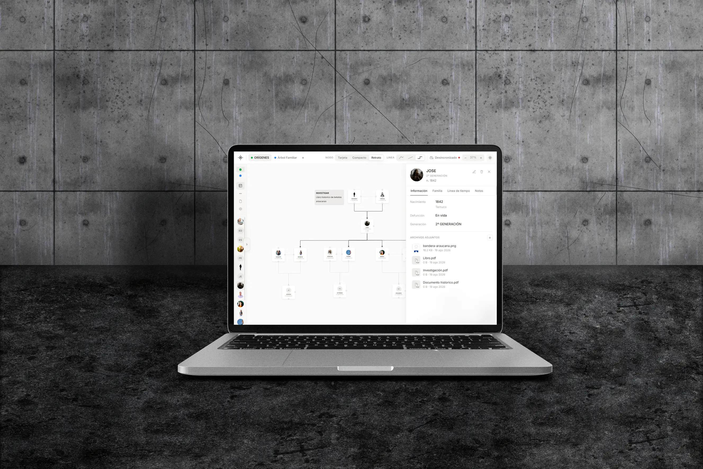 El árbol familiar abierto en un notebook, sobre un muro de hormigón